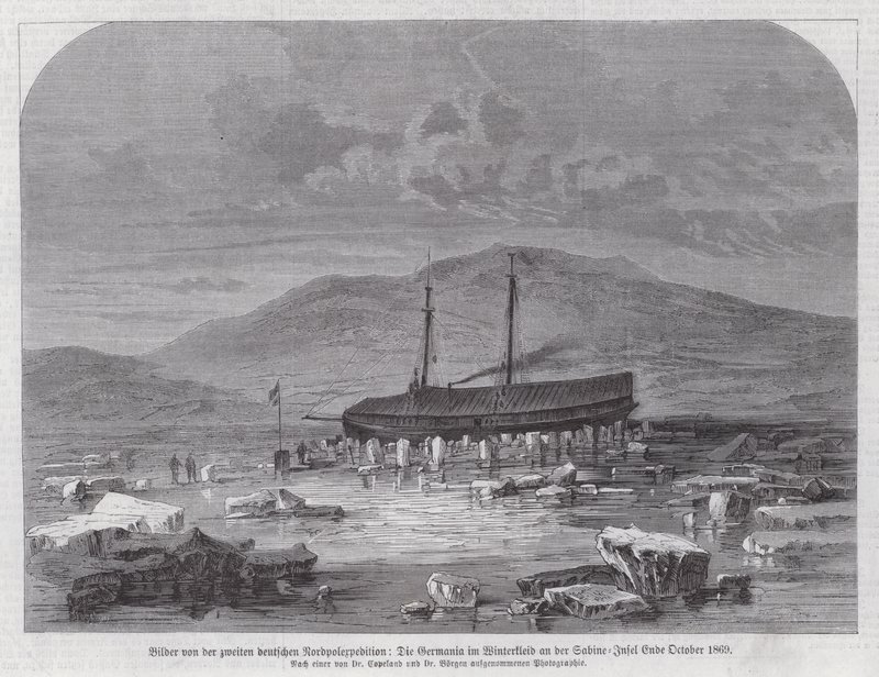 Skonnert Germania på Sabine Island utenfor østkysten av Grønland, andre tyske nordpolekspedisjon, slutten av oktober 1869 (gravering) av German School