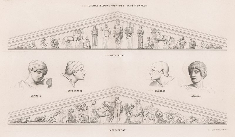 Skulpturer fra pedimentene til Zeus-tempelet, Olympia, Hellas (gravering) av German School