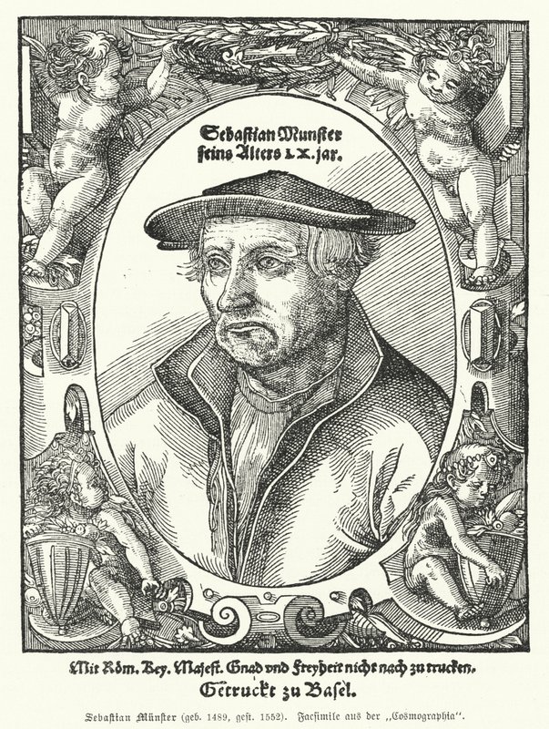 Sebastian Muenster, tysk kartograf, kosmograf og forfatter av Cosmographia, det tidligste verket som beskriver verden på tysk (gravering) av German School