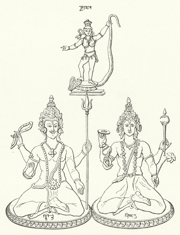 Shiva, Vishnu og Krishna, hinduistiske guder (gravering) av German School