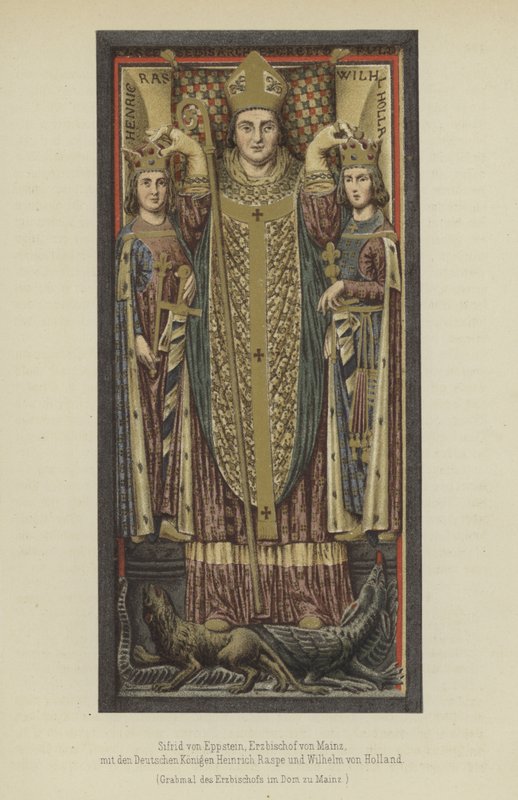 Siegfried von Eppstein, erkebiskop av Mainz fra 1230 til 1249, med de tyske kongene Henry Raspe, Landgrave of Thuringia, og William II of Holland, Count of Holland and Zeeland (color litho) av German School