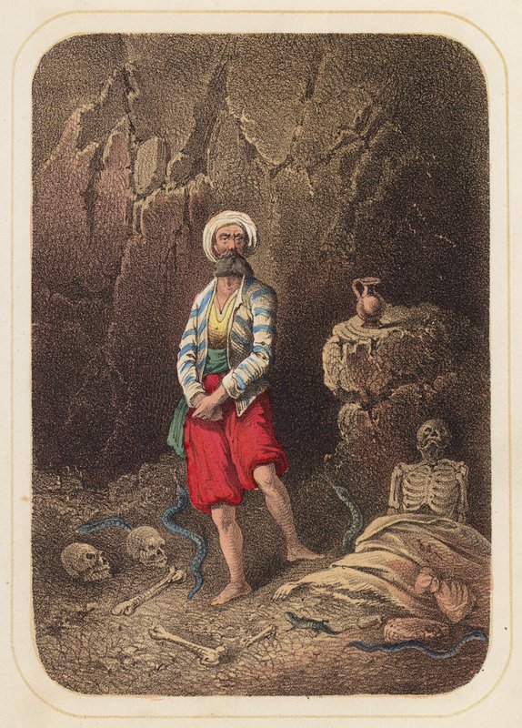 Sjømannen Sinbad i en scene fra Tusen og én natt (farge litho) av German School