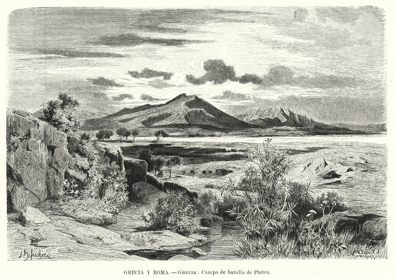 Stedet for slaget ved Plataea, Hellas (litho) av German School