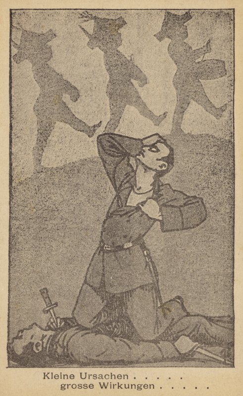 Små årsaker ... store effekter. Tysk antikrigsillustrasjon, utgitt av WILPF (Women#39;s International League for Peace and Freedom), sent på 1920-tallet (lito) av German School