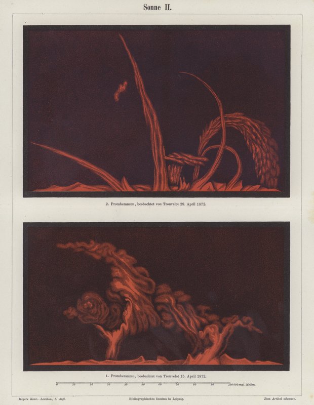 Solprominenser observert av den franske kunstneren og astronomen Etienne Leopold Trouvelot 15. og 29. april 1872 (farge litho) av German School
