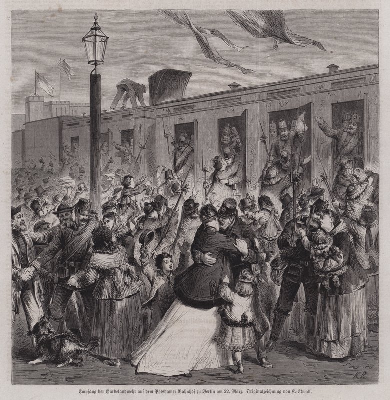Soldater fra den prøyssiske Garde Landwehr ønsket velkommen på Potsdam Station, Berlin, da de kom tilbake fra den fransk-prøyssiske krigen, 22. mars 1871 (gravering) av German School
