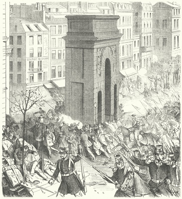 Soldater på gatene i Paris under det franske statskuppet i desember 1851 (gravering) av German School