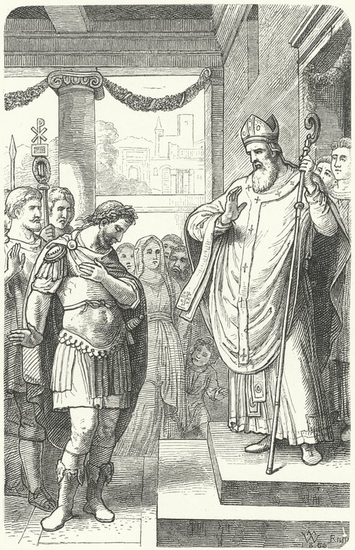 St Ambrosius hindrer den romerske keiseren Theodosius I fra å gå inn i katedralen i Milano som straff for massakren i Thessalonica, 390 (gravering) av German School