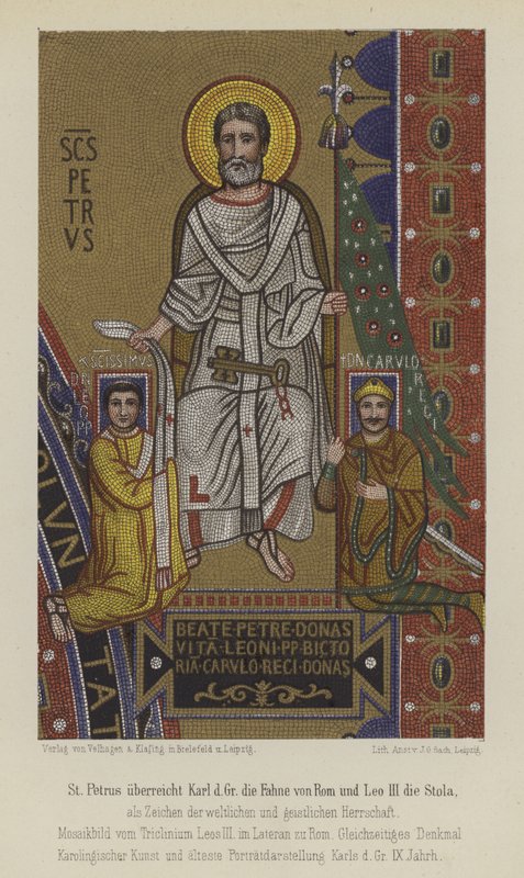 St Peter presenterer Karl den Store flagget til Roma og pave Leo III stjålen (farge litho) av German School