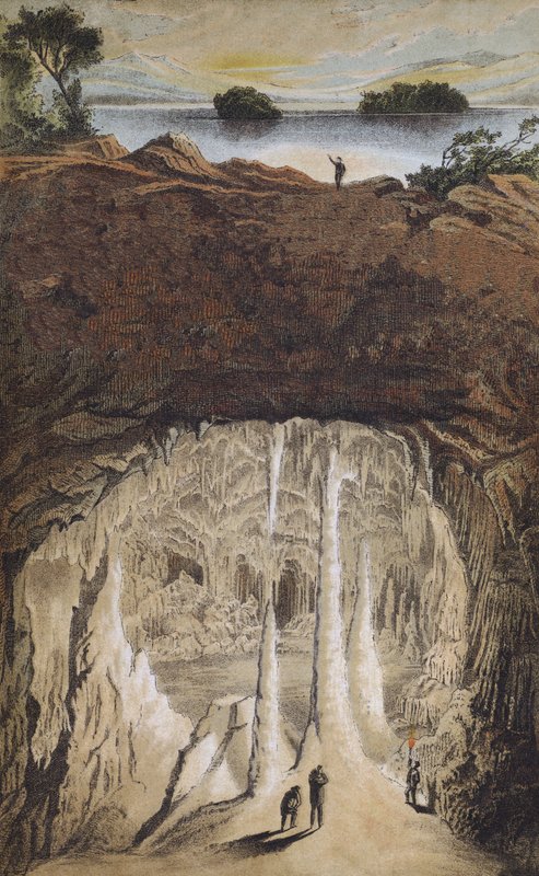 Drypsteinsstein og stalagmitter i en hule (farge litho) av German School