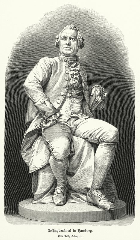 Statue i Hamburg av Fritz Schaper av den tyske dramatikeren og filosofen Gotthold Ephraim Lessing (litho) av German School