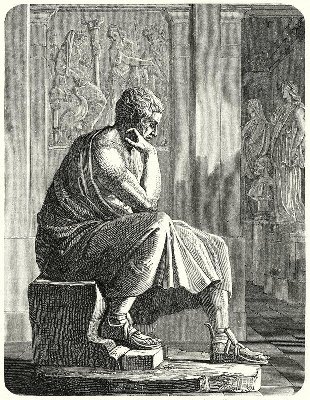 Statue av Aristoteles, antikkens gresk filosof og vitenskapsmann (gravering) av German School