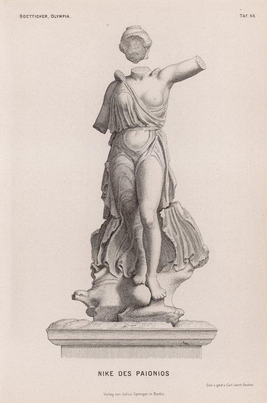 Statue av Nike, eldgammel gresk seiersgudinne, av Paionios, gravd ut ved Olympia, Hellas (gravering) av German School