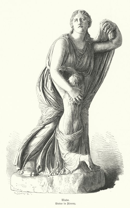 Statue av Niobe som beskytter et av barna hennes mot Artemis og Apollo (gravering) av German School