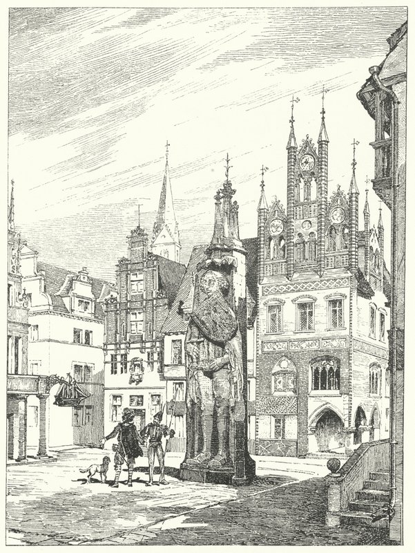 Statue av Roland reist i 1404 vendt mot katedralen i Bremen, Tyskland (gravering) av German School