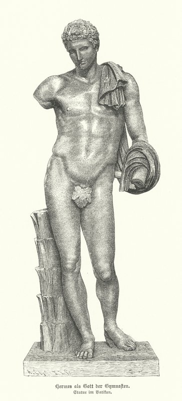 Statue av den antikke greske guden Hermes som gymnastenes gud (gravering) av German School