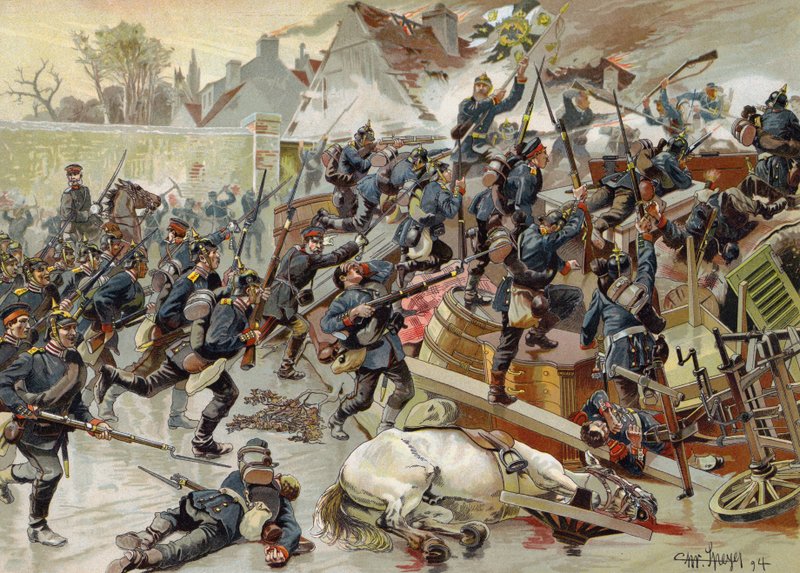 Storming av den store barrikaden ved inngangen til Le Bourget av dronning Elizabeth 3. regiment av grenadervakter, fransk-prøyssisk krig, 30. oktober 1870 av German School