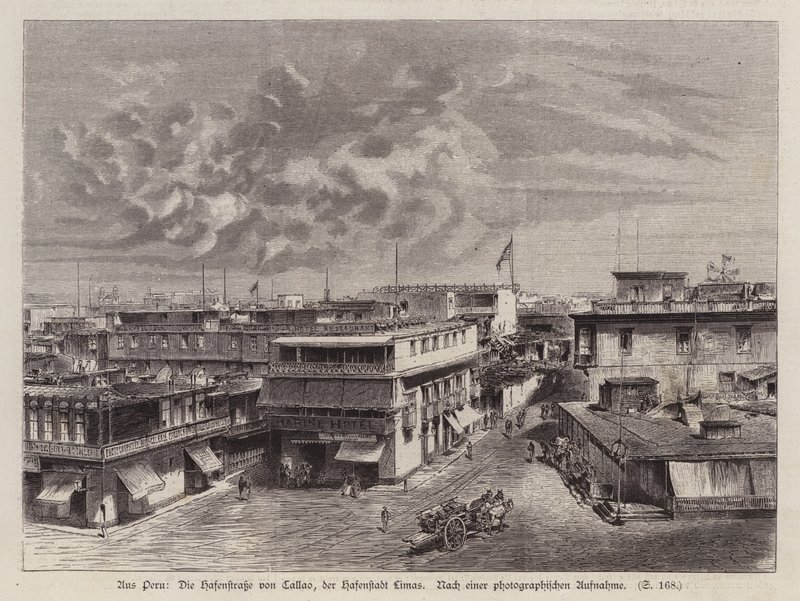 Gate som fører til havnen i Callao, havnen i Lima, Peru (gravering) av German School