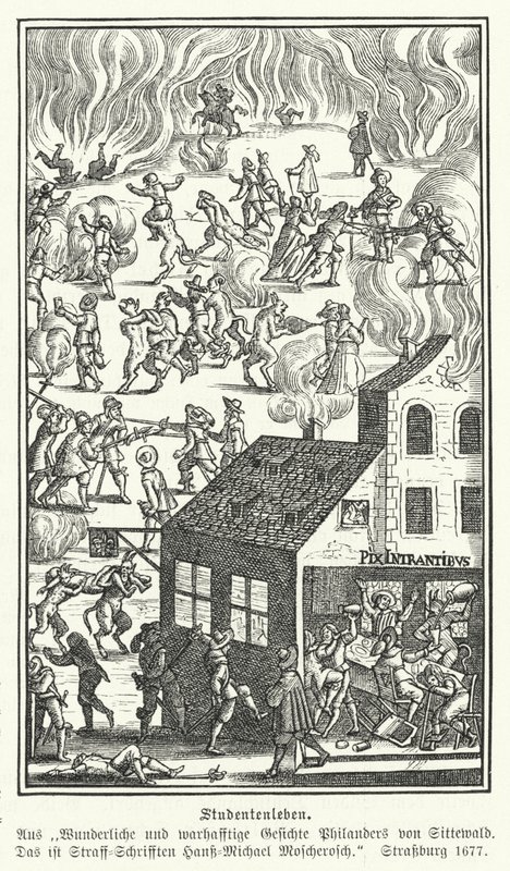 Studentliv: scene fra Blicke Philanders von Sittewald, av Johann Michael Moscherosch (gravering) av German School