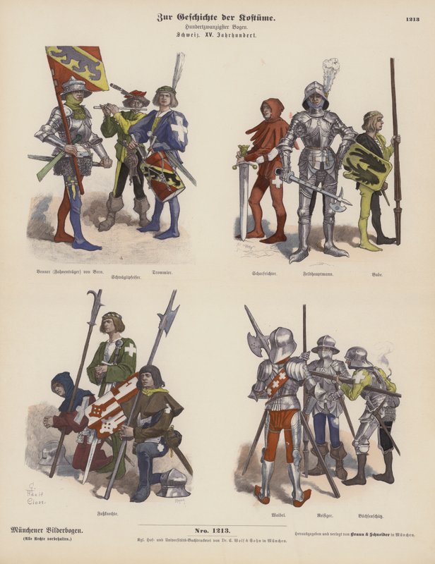 Sveitsiske militærkostymer fra det 15. århundre (farget gravering) av German School