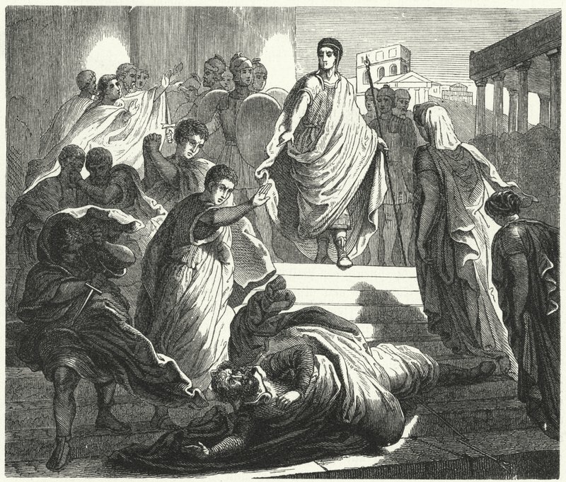 Tarquinius Superbus myrder sin svigerfar, Servius Tullus, for å kreve den romerske tronen (gravering) av German School