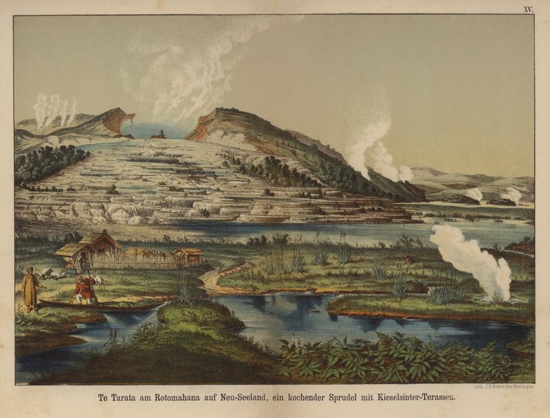 Te Tarata (White Terrace), geotermiske silika-sinteravsetninger ved bredden av Lake Rotomahana, New Zealand (farge litho) av German School