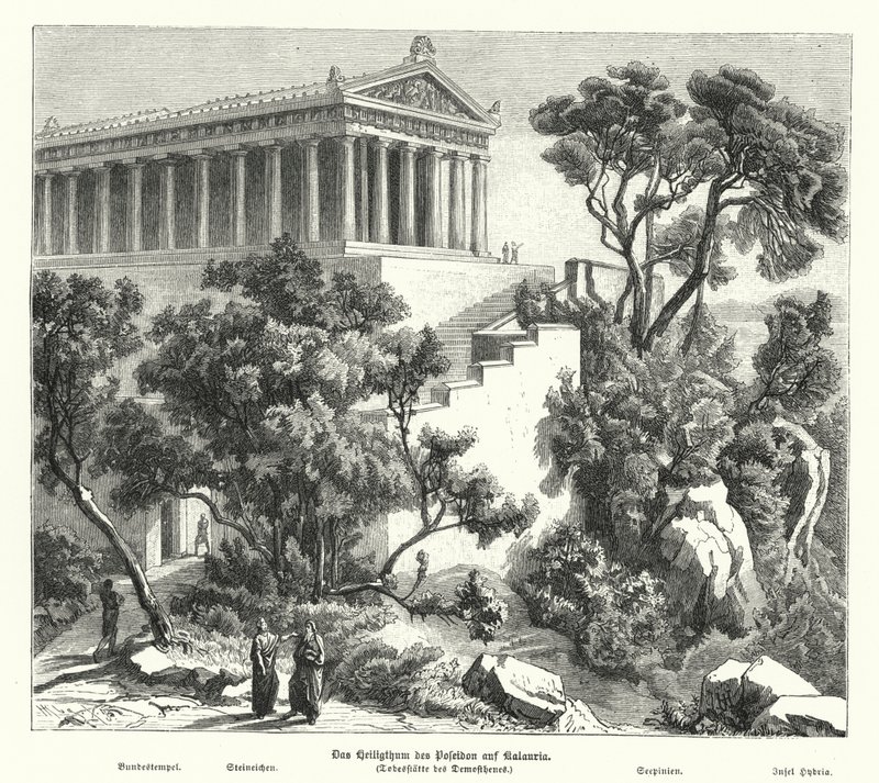 Poseidon-tempelet, Kalaureia, Hellas, hvor Demosthenes tok helligdom før han tok gift i 322 f.Kr. (gravering) av German School