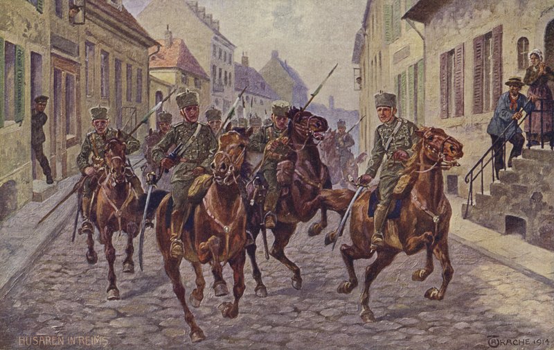 Midlertidig erobring av byen Reims av tyske husarer, første verdenskrig, 9. september 1914 (fargelitografi) av German School