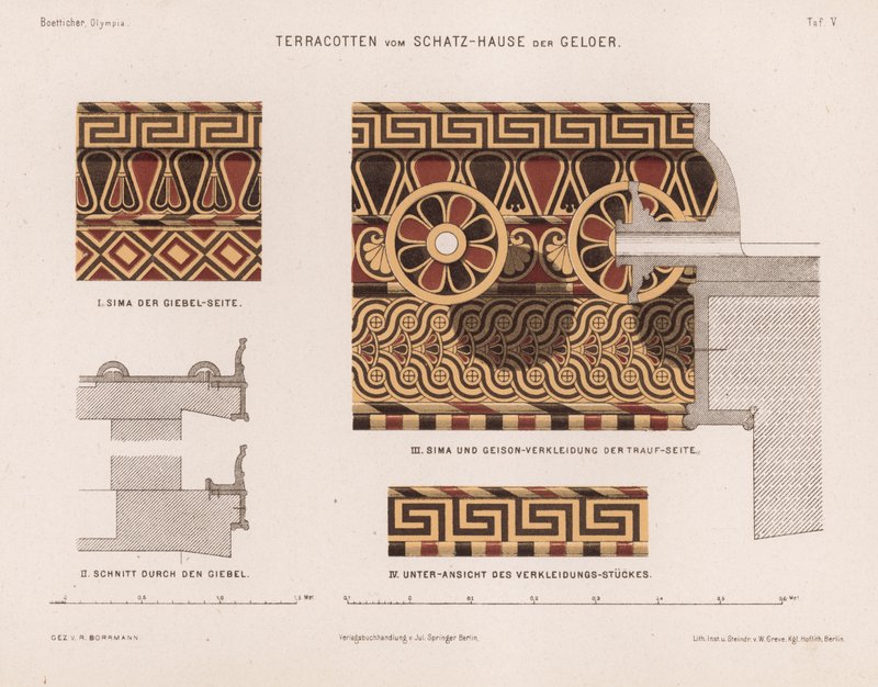 Terrakotta-dekorasjoner fra skattkammeret i Gela, Olympia, Hellas (farge litho) av German School