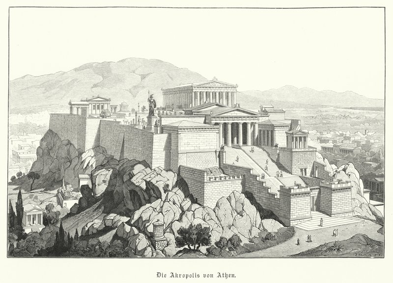 Akropolis i Athen, antikkens Hellas (gravering) av German School