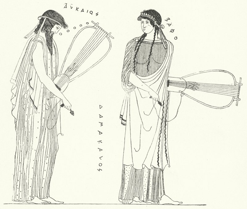 Den antikke greske poeten Alcaeus og hans elsker Sappho (gravering) av German School