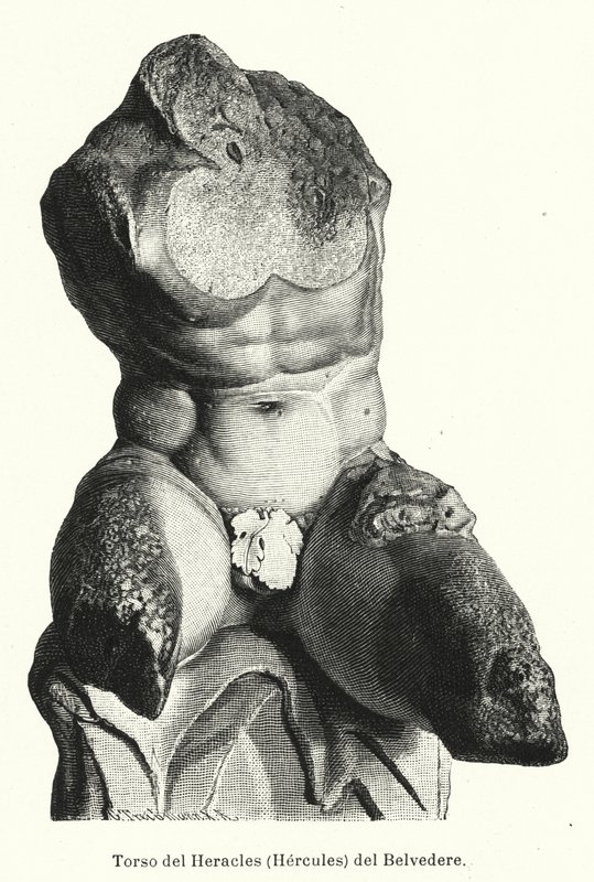 Belvedere Torso, romersk skulptur som tradisjonelt antas å være en representasjon av Hercules (litho) av German School