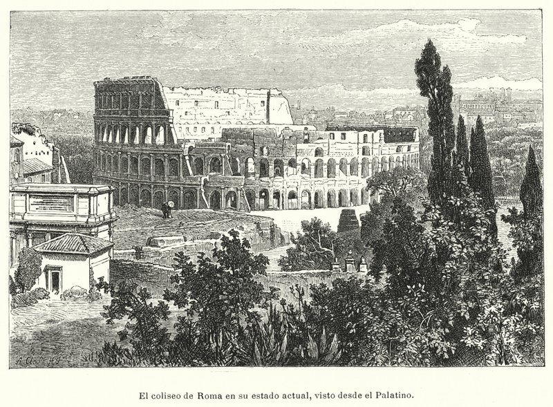 Colosseum, Roma, sett fra Palatinerhøyden (litho) av German School