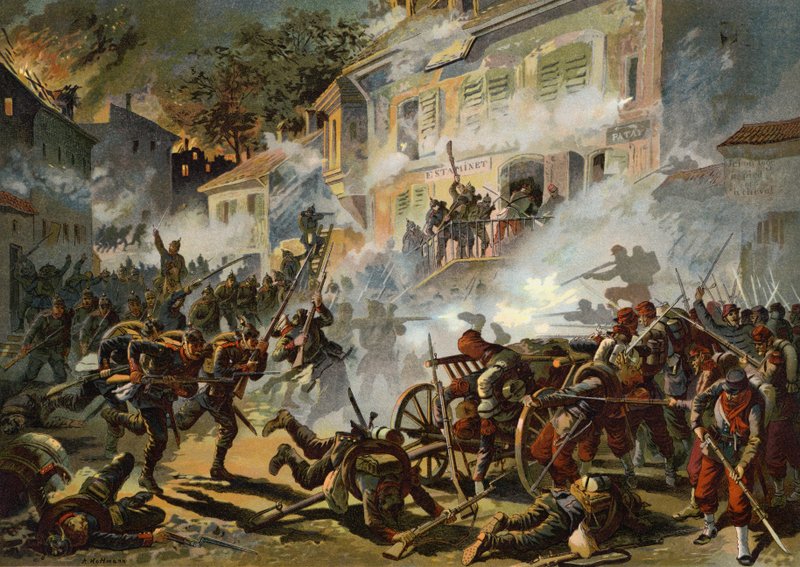 Den tyske 22. infanteridivisjon stormer franske stillinger ved Chateaudun, fransk-prøyssisk krig, 18. oktober 1870 av German School