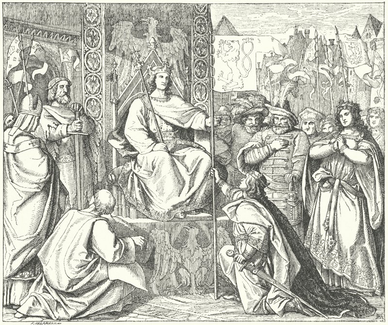 Den hellige romerske keiseren Henry VII minner om sin sønn, Johannes av Böhmen (gravering) av German School