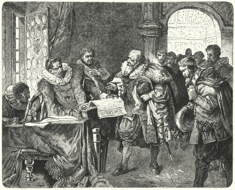 Den hellige romerske keiser Rudolf II gir bohemske protestanter større religionsfrihet i sitt majestetsbrev av German School