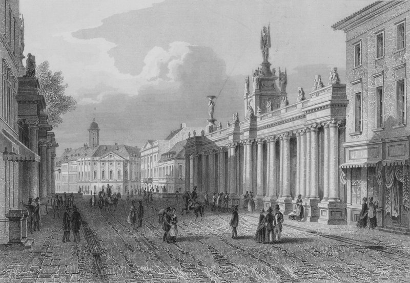 Koenigsbruecke og en del av Alexanderplatz, Berlin (stålgravering) av German School