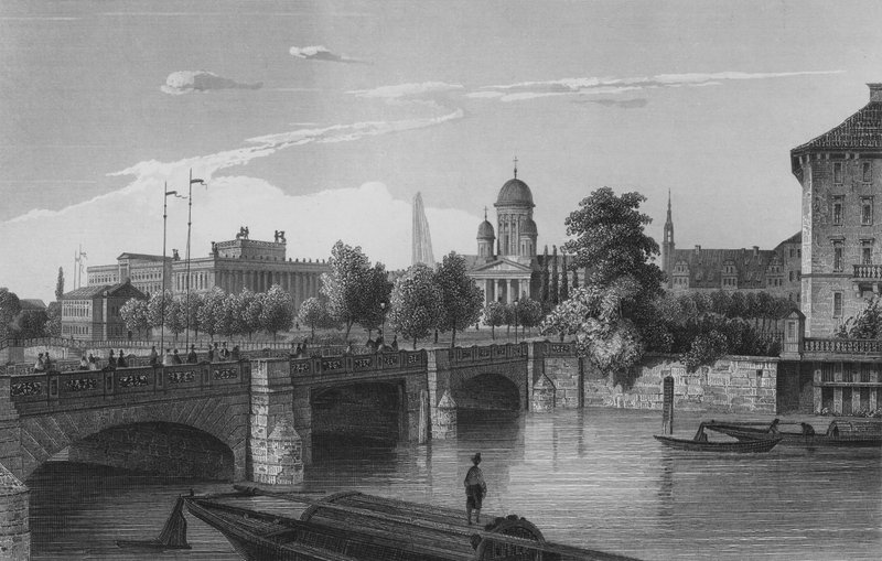 Schlossbruecke, Berlin (stålgravering) av German School
