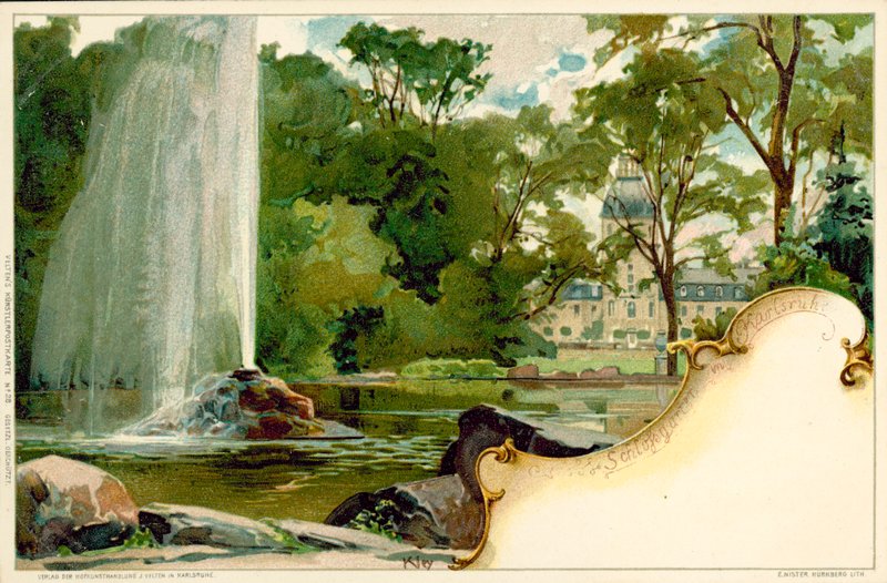 Schlossgarten og Karlsruhe-palasset i Karlsruhe, Tyskland (farge litho) av German School