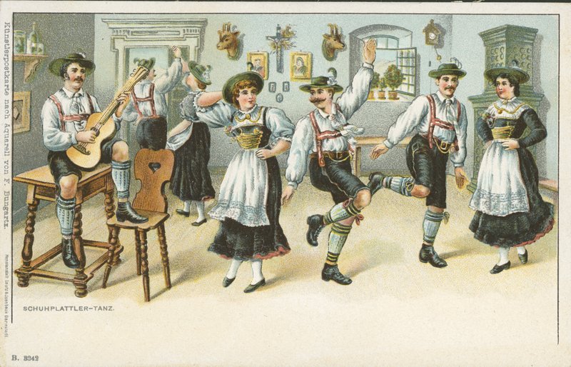 Schuhplattler-dansen (farge litho) av German School
