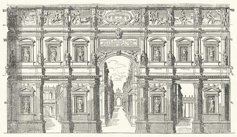 Teatro Olimpico ("Olympisk teater") i Vicenza, Nord-Italia (gravering) av German School