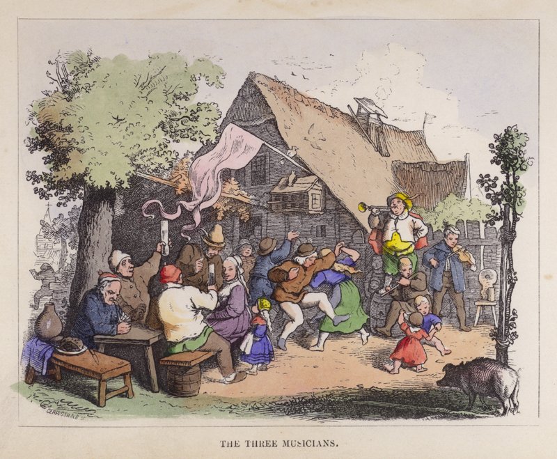 De tre musikerne (farge litho) av German School