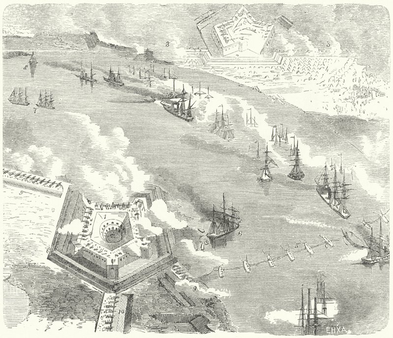 Unionsflåten angriper Fort Jackson og Fort St Philip, Louisiana, amerikansk borgerkrig, 1862 av German School