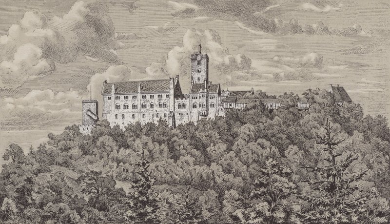 Wartburg, slottet med utsikt over byen Eisenach, Thuringia, Tyskland (litho) av German School