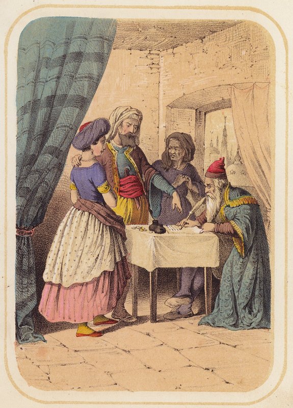 Banditten, Albondokani, i en scene fra Tusen og én natt (farge litho) av German School