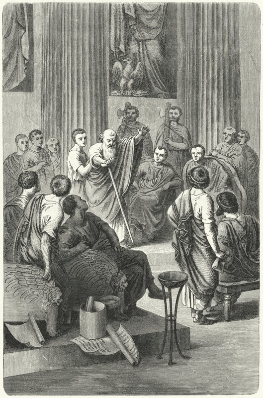 Den blinde Appius Claudius Caecus taler i det romerske senatet mot Cineas, ambassadøren til Pyrrhus av Epiris, 279 f.Kr. (gravering) av German School
