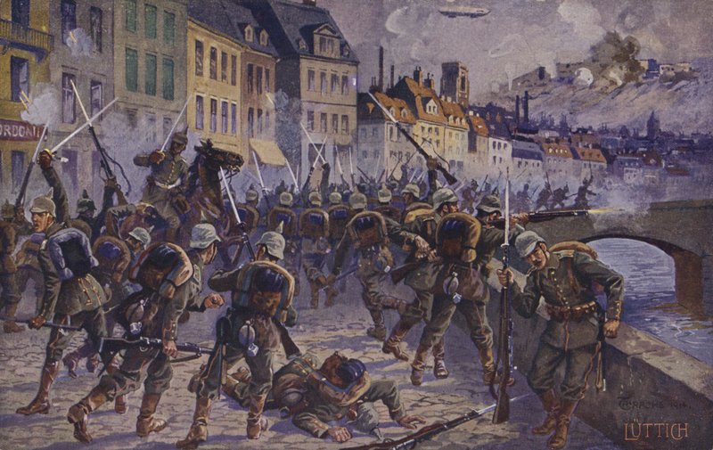 Erobringen av Liège, Belgia, første verdenskrig, 7. august 1914 (fargelitografi) av German School