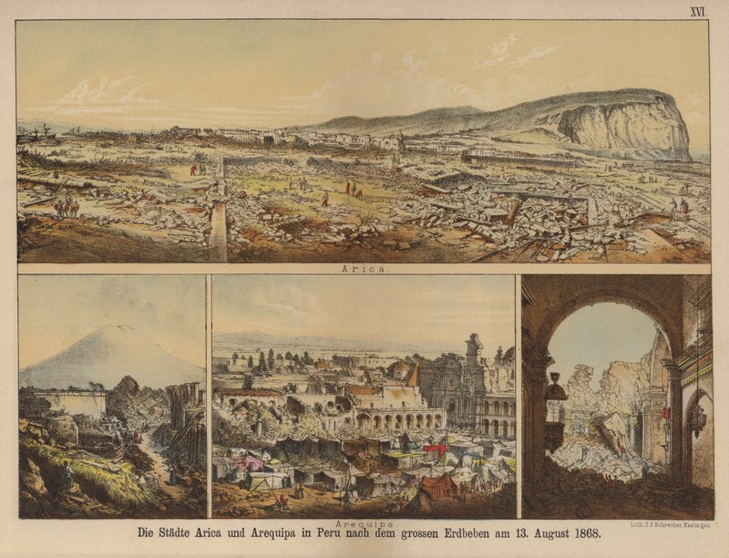 Byene Arica og Arequipa i Peru etter det store jordskjelvet 13. august 1868 (farge litho) av German School