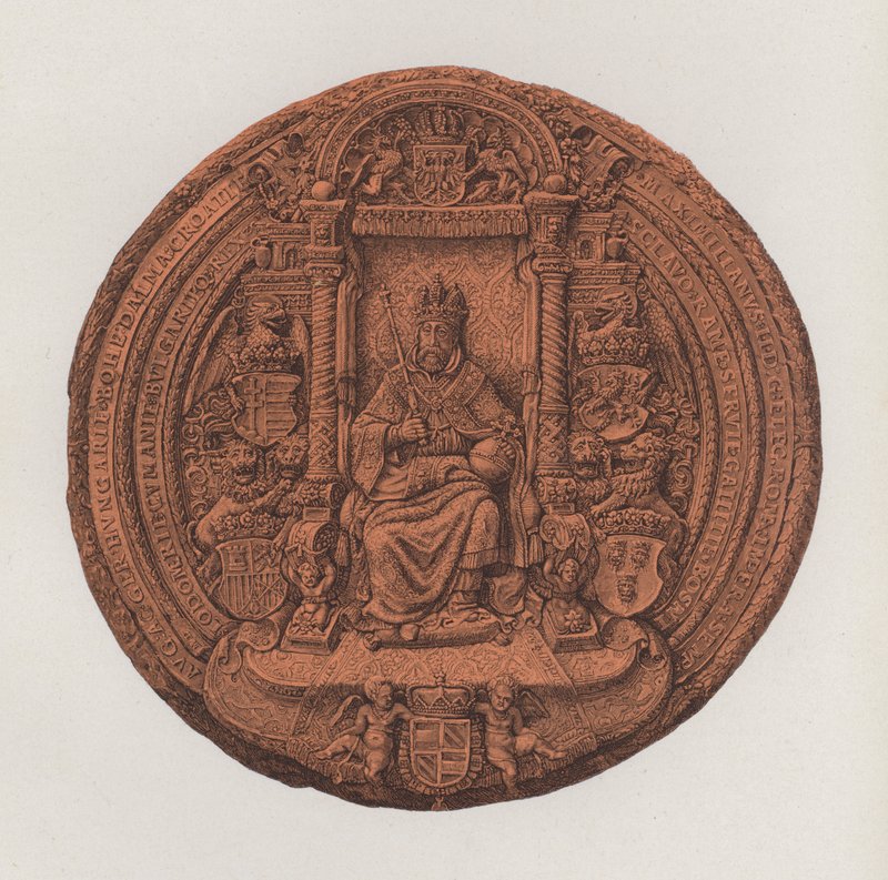 Det store seglet til den hellige romerske keiser Maximilian II (farge litho) av German School