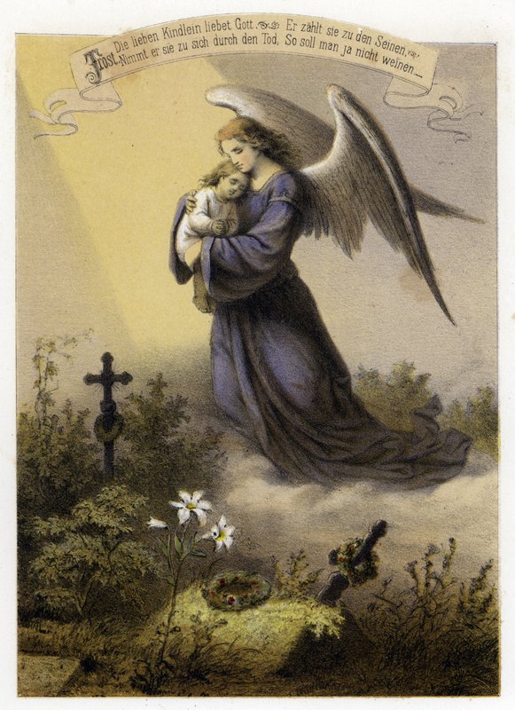 Guds kjærlighet til et dødt barn (farge litho) av German School